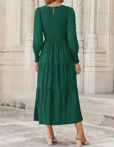 Vista 3 de ZESICA Vestido midi casual de manga larga con cuello redondo, cintura alta, fruncido, fluido y escalonado para mujer