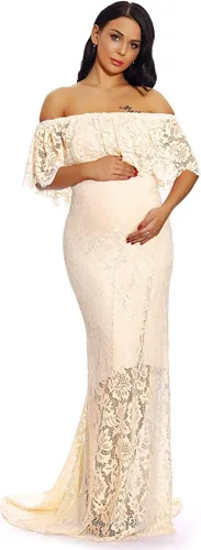 Vista 2 de ZIUMUDY Vestido de maternidad de encaje con volantes y hombros descubiertos para mujer, maxi vestido de fotografía para baby shower