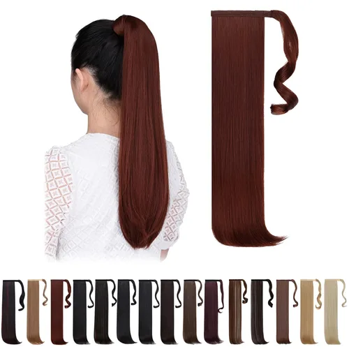 Vista 18 de Extensiones de cola de caballo negras, colas de caballo rizadas con clip, 22 pulgadas, 3.5 onzas, extensión de cabello sintético envolvente del pelo