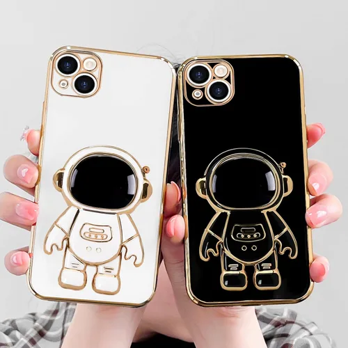 Vista 7 de Pepmune - Funda para iPhone 15 con soporte de astronauta 3D, color negro [2 Screen Protector], Luxury Electroplated Soft TPU Cover with Kickstand