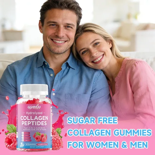 Vista 6 de Paquete de 2 gomitas de péptido de colágeno para mujeres y hombres, proteína de colágeno tipo I, II, III, V, X con biotina vitamina C, D, suplemento