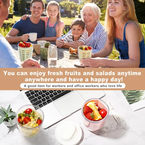 Vista 2 de Taza portátil de almacenamiento de ensalada de frutas para picnic y fiestas con tapas y tenedor, contenedores de almacenamiento de frutas de 20 oz
