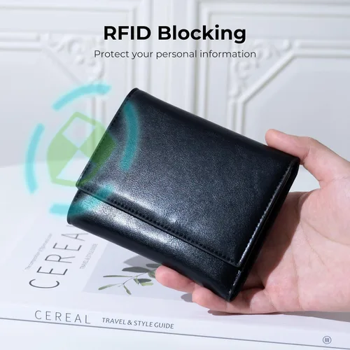 Vista 4 de Alldaily Billetera pequeña con bloqueo RFID, billetera delgada para tarjetas de crédito con bolsillo con cremallera, Negro -, Compacto