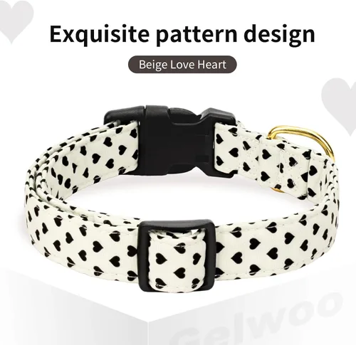 Vista 2 de Collar de perro de algodón, collares suaves y lindos para cachorros con diseño de corazones estampados para perros hembra y macho, collar ajustable
