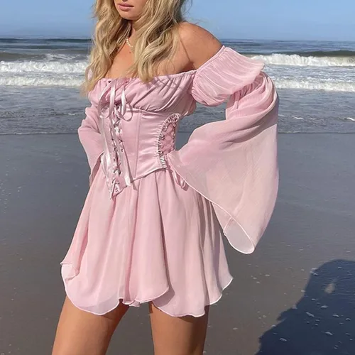 Vista 2 de Vestido de hada renacentista para mujer, vestido de verano con manga acampanada, vestido corto de gasa con hombros descubiertos, vestido de corsé
