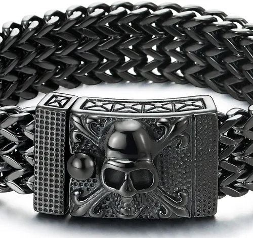 Vista 3 de COOLSTEELANDBEYOND Mens Large Stainless Steel Franco Link Curb Chain Bracelet with Pirate Skulls Clasp