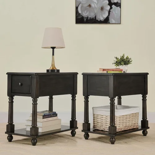 Vista 11 de Mesa auxiliar estrecha de madera maciza con cajón, mesa auxiliar de sofá con estantes de almacenamiento, mesa auxiliar delgada, teléfono