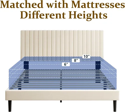 Vista 7 de Sismplly Armazón de cama tamaño completo con cabecera tapizada en terciopelo, cama de plataforma con listones de madera resistentes, base