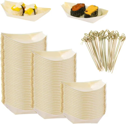 Vista 7 de WATHFKCU Plato desechable de bambú de 3.5 pulgadas para sushi, plato de aperitivo de bambú, bandeja para servir sushi, bote de hojas de madera