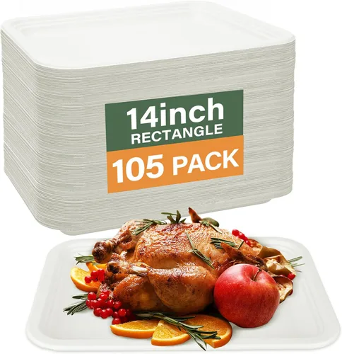 Vista 9 de Paquete de 10 platos de comida, platos de papel rectangulares, aptos para microondas, a prueba de remojos, resistentes a cortes, compostables
