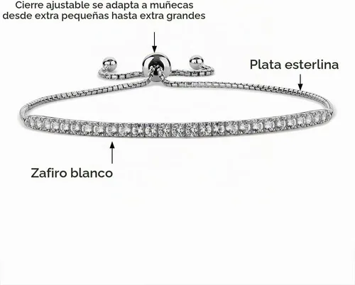 Vista 4 de Pulsera Bolo ajustable de Tirafina con gemas y zafiro blanco creado en laboratorio, de plata esterlina, fácil de poner y quitar