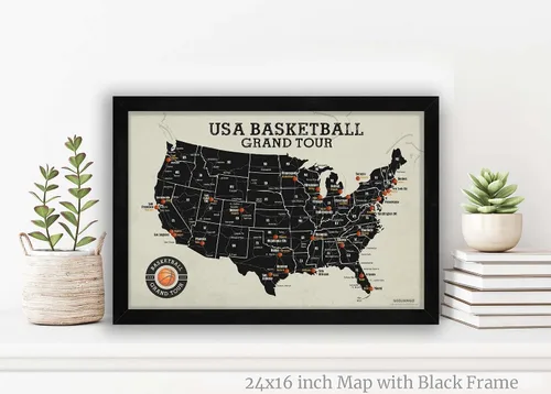 Vista 8 de GEOJANGO Mapa de arena de baloncesto, regalo deportivo para fanáticos del baloncesto – Sigue tus viajes deportivos – Mapa enmarcado, póster