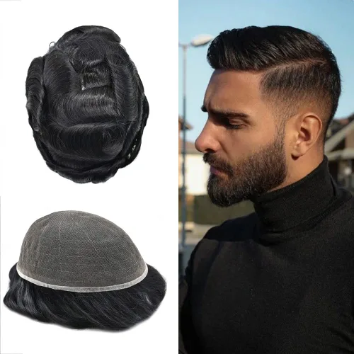 Vista 57 de Completo suizo encaje tupé para hombres pieza de pelo real sistema de reemplazo de cabello humano para hombres Toupee Hairpieces para hombres 7x9