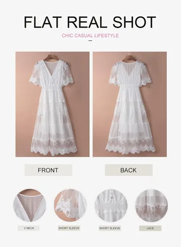 Vista 5 de Bdcoco Vestido largo de encaje floral con cuello en V y botones para mujer, estilo casual, manga corta, estilo bohemio