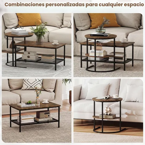 Vista 7 de Giantex Juego de 2 mesas auxiliares anidadas, mesa rectangular desmontable y mesa redonda con veta de madera, marco de metal dorado resistente, mesa