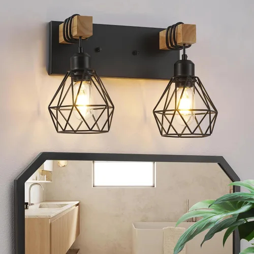 Vista 16 de Lámparas blancas para tocador de baño, luminarias de baño de madera de 2 luces sobre el espejo, apliques rústicos de pared con elegante pantalla