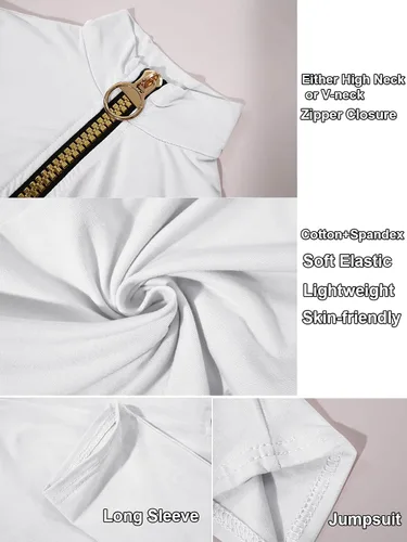 Vista 5 de ECHOINE Enterizos sexys para mujeres de manga larga, cuello en V, cremallera, casuales, de una pieza, rompers bodycon, conjuntos ajustados