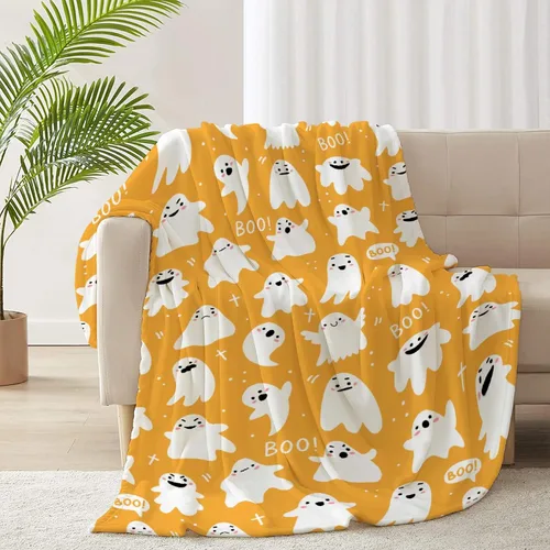 Vista 4 de Manta amarilla con diseño de fantasmas de dibujos animados, para mujeres y hombres, suave y acogedora manta de forro polar para sala de estar, cama