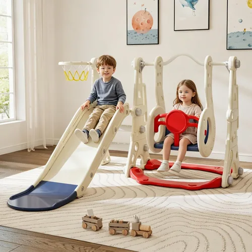 Vista 11 de DOREROOM Tobogán, columpio y tobogán para niños pequeños de 1 a 2 años con aro de baloncesto, telescopio para interiores y exteriores, parque
