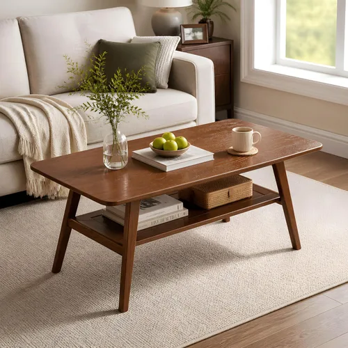 Vista 11 de Mesa de centro pequeña para sala de estar, mesas pequeñas modernas de 2 niveles de mediados de siglo con almacenamiento en estantes, mesa de centro