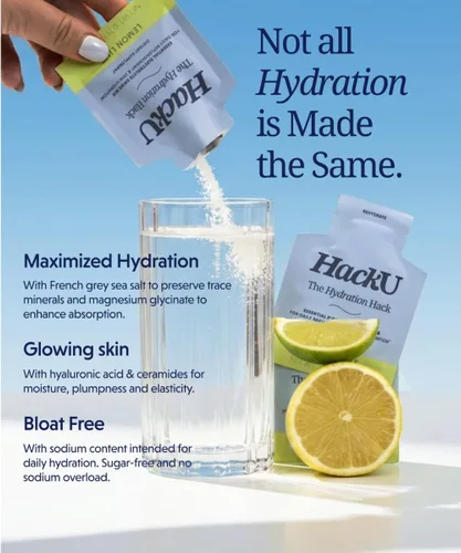 Vista 2 de HackU Hydration Hack - Paquetes de hidratación de electrolitos y piel – Mezcla de bebida sin azúcar, sin hinchazón con magnesio, ácido hialurónico