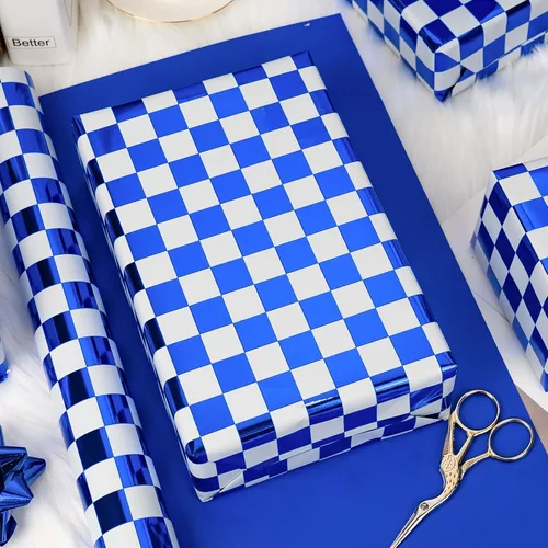 Vista 2 de MAYPLUSS Rollo de Papel de Regalo, Papel de Regalo con Bandera a Cuadros Azul y Blanco, Papel de Regalo Reversible para Patinadores y Carreras
