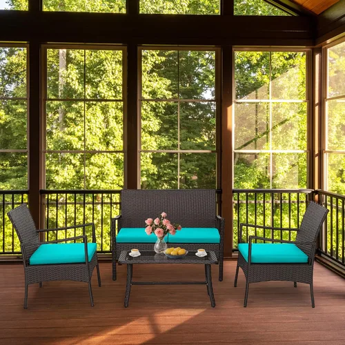 Vista 3 de HAPPYGRILL Juego de 4 muebles de mimbre para patio, juego de conversación de mimbre de polietileno, sofá de ratán con cojines, mesa de centro