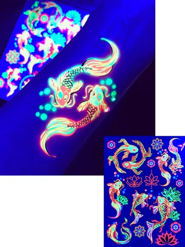 Vista 12 de Tatuajes temporales para mujeres adultas – 2 hojas – Black Big Ying y Yang Koi Fish Kanji Love Skeleton Heart Hand Skull Lotus Sleeve Adultos Tattoo
