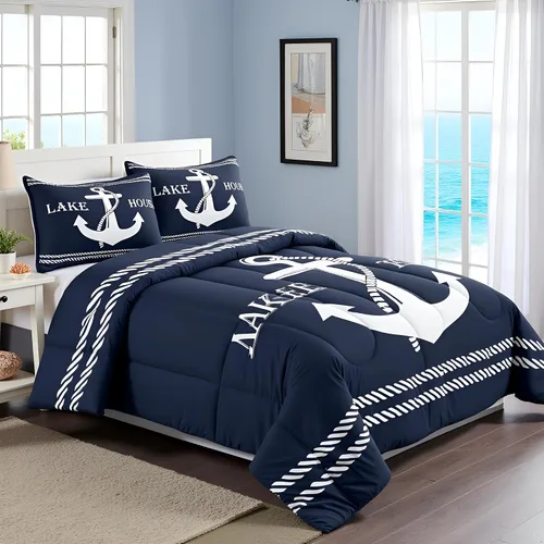 Vista 2 de Juego de edredón Lake Home Camper tamaño King, juego de ropa de cama náutica con ancla para niños, niñas, niños, adultos, decoración de dormitorio