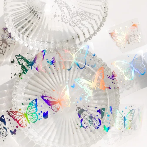 Vista 4 de 4 rollos de cinta holográfica vintage holográfica de mariposa astronomía PET adhesivos de resina impermeables transparentes brillantes