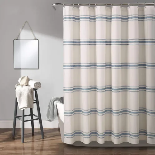 Vista 14 de [Usado] Cortina de regadera de algodón a rayas estilo rústico de Lush Decor, 72 x 72 pulgadas, negra - Cortina de baño a rayas - Cortinas de ducha
