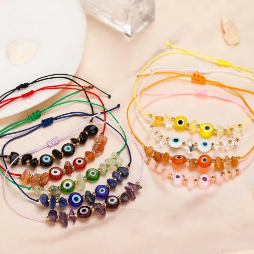 Vista 5 de Pulsera de cuentas de cristal de mal de ojo irregular, hecha a mano, ajustable, multicolor, multicolor, cuerda de cuerda inspiradora, amuleto