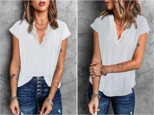 Vista 4 de lime flare Blusa elegante con ribete de encaje, camisa de manga corta popular