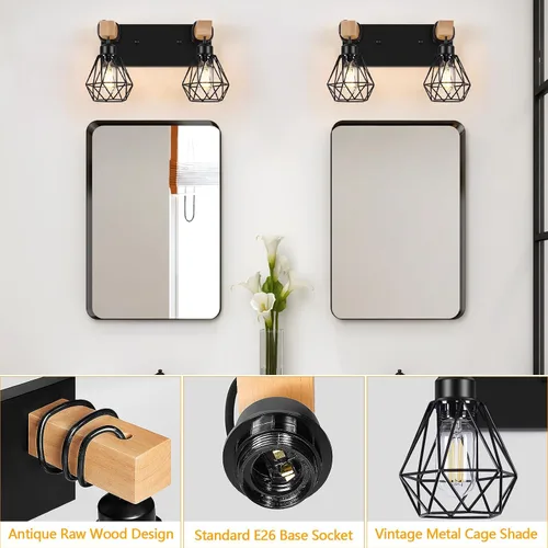 Vista 4 de FadimiKoo Aplique de pared de baño de madera de estilo rústico de 2 luces, accesorio de iluminación de tocador de granja para baño, lámpara de pared