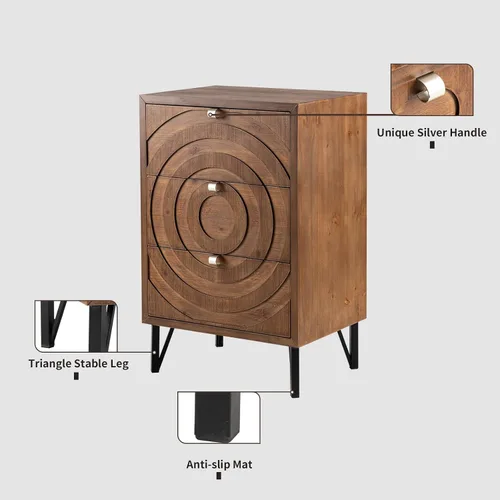 Vista 5 de HOMPUS Cómoda de 3 cajones de mediados de siglo, cómoda moderna con patrón de círculos concéntricos, mesita de noche con 3 cajones