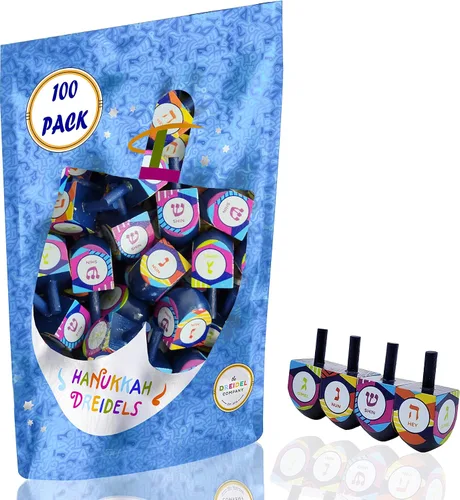 Vista 7 de The Dreidel Company Paquete de 10 unidades multicolor pintadas a mano de madera, el juego de Hanukkah, Let's Play Dreidel de 1.75 pulgadas