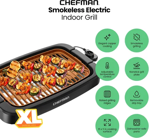 Vista 2 de Chefman Parrilla Eléctrica de Interior Sin Humo, Cobre, Extra Grande, Parrilla de Mesa Antiadherente para Asar en Interiores y BBQ con Control