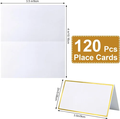 Vista 3 de 120 piezas de tarjetas de lugar, tarjeta de asiento de 2x3.5 pulgadas en blanco rellenable para banquete con marco de lámina dorada para mesa