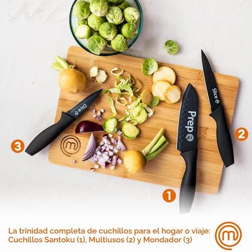 Vista 2 de MasterChef Juego de 3 cuchillos de cocina, juego de cuchillos pequeños para cocinar en casa, RV o campamento, corte extra afilado, cuchillas