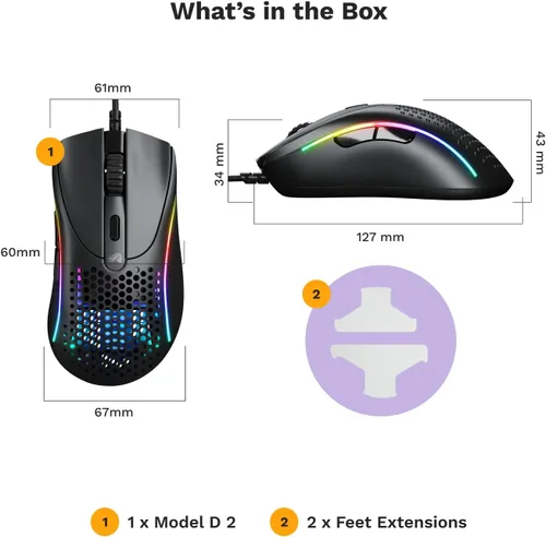 Vista 8 de Glorious Gaming - Mouse superligero para juegos de PC con carcasa de panal, 6 botones programables, iluminación RGB y patines de PTFE - Modelo D 2