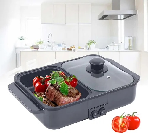 Vista 2 de Parrilla eléctrica con olla caliente, olla caliente eléctrica antiadherente 2 en 1 para interiores y sartén, control de temperatura dual Negro
