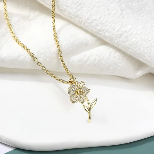 Vista 4 de Collar de flores Mes de Nacimiento Lujoso collar chapado en oro de 18 quilates con colgante de flor Bonita bolsa de joyería para mujer collares