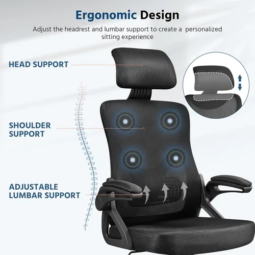 Vista 6 de Yaheetech Silla ergonómica de oficina con reposacabezas, soporte lumbar, color negro (paquete de 2)