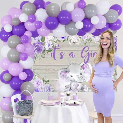 Vista 2 de Decoraciones de baby shower de elefante morado para niña – It's A Girl Elefante telón de fondo lavanda floral pequeño elefante de bienvenida bebé
