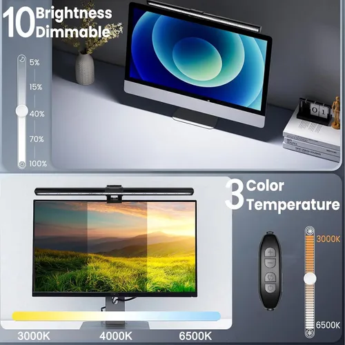 Vista 3 de Lámpara de monitor de computadora, barra de luz de pantalla para cuidado de ojos, lámpara de teclado con abrazadera/brillo ajustable y 3