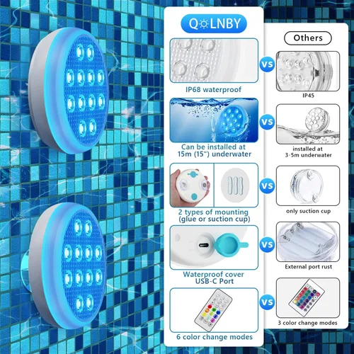 Vista 5 de QOLNBY - Luces de piscina, luces LED sumergibles recargables, luces impermeables subacuáticas IP68, luces flotantes tipo C con control remoto RF