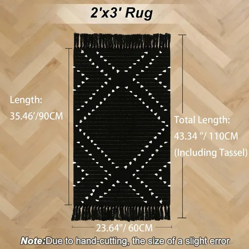 Vista 2 de LIVEBOX Alfombra de baño bohemia negra de 2x3 pies, alfombra de baño lavable, pequeñas alfombras tejidas de algodón, alfombra de área marroquí