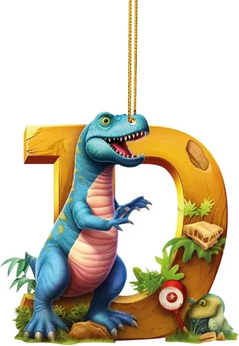 Vista 7 de Adorno de Navidad personalizado de dinosaurio de 26 letras, adornos colgantes 2023, monograma inicial de plástico, decoraciones de árbol de Navidad