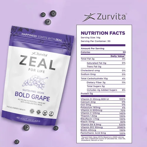 Vista 2 de Zurvita - Zeal for Life - Sabor a uva audaz - Suplemento nutricional diario para vitalidad, inmunidad y bienestar general - Bolsa de bienestar