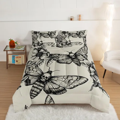 Vista 2 de HOSIMA Juego de edredón de decoración gótica, patrón de calaveras de polilla de la muerte, juego de cama de Halloween tamaño Queen para decoración